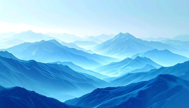 A serene panoramic vista featuring layered mountain ranges in shades of blue. The sky above is soft, hazy
