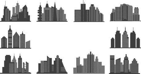 Naklejka premium City skyline silhouette collection, urban building shapes, architectural vector art, modern and classic skylines, black and gray design, illustration