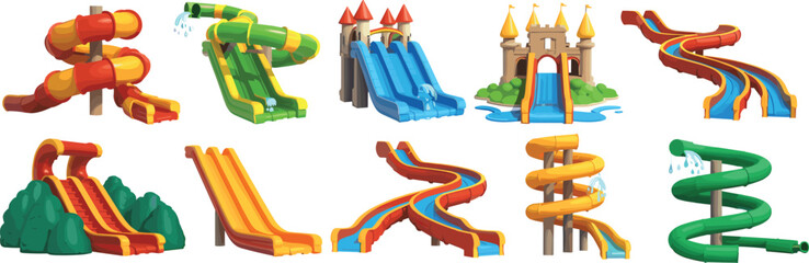 Cartoon water slide collection, colorful amusement park icons, jungle and castle themes, summer splash fun, playful pool ride graphics