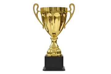 Shiny gold trophy cup with black pedestal base