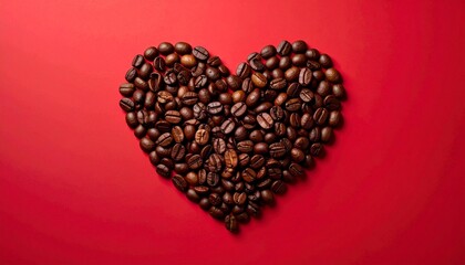Coffee beans heart on red background.