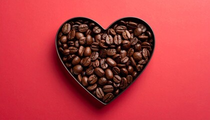 Coffee beans in heart shape on red.