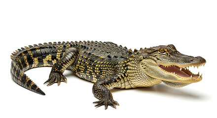 Fototapeta premium Menacing alligator with open jaws, ready to strike, showcasing raw power and reptilian beauty, symbolizing wildlife strength and untamed nature's ferocity