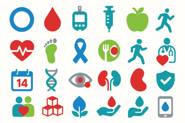 Health Wellness Icons Diabetes Heart Fitness Medical Awareness Illustration