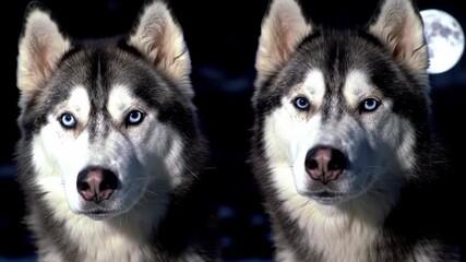 Two Huskies stare intently at viewer, under a full moon at night, perfect for advertising