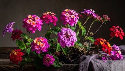 Colorful lantana flowers on wooden table.