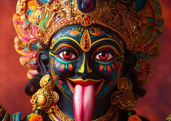 Fototapeta premium Close up of a multi colored Hindu deity statue with a crown and tongue sticking out