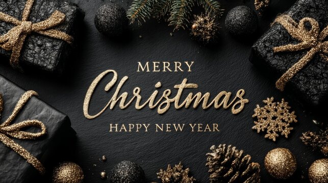 Luxurious black and gold Christmas greeting card with metallic gold lettering, premium ornaments, matte-black gift boxes, gold foil snowflakes and elegant top-down photorealistic festive design - Powered by Adobe