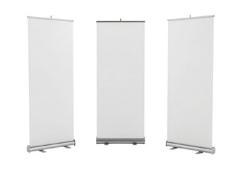 White Retractable Banner Stands for Indoor or Outdoor Use, Cut Out, Clipping Path, Isolated on a Transparent PNG Background.