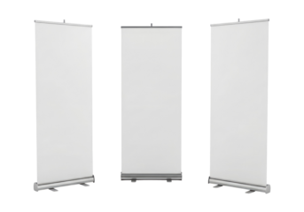 White Retractable Banner Stands for Indoor or Outdoor Use, Cut Out, Clipping Path, Isolated on a Transparent PNG Background.