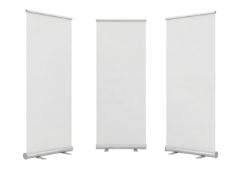 Realistic 3D Render of Blank Roll-Up Signage for Branding, Cut Out, Clipping Path, Isolated on a Transparent PNG Background.