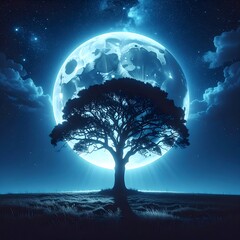 A solitary tree silhouetted against a radiant, oversized moon in a nocturnal landscape under a starlit sky. Illuminated clouds frame the orb