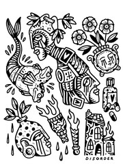 Surreal and bizarre flash tattoo set of disorder and mental chaos