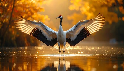 A majestic bird stands in shallow water, wings outstretched, basking in the warm light of a golden, autumnal scene