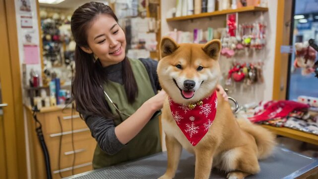 女性トリマーが犬に雪柄バンダナを結ぶ店内