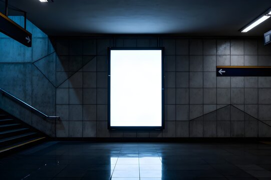 Dark urban subway station interior with illuminated blank billboard, concrete walls, directional signage, and dramatic moody lighting reflections