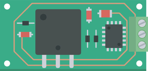 Illustration of a green circuit board with various electronic components.