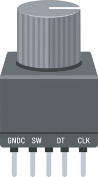 A gray rotary encoder with pins labeled GNDC, SW, DT, and CLK.