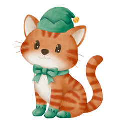 Cute Christmas illustration of an orange cat dressed as a Santa&rsquo;s elf with green hat and bow