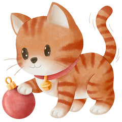 Cute Christmas illustration of an orange cat playing with a red ornament