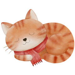 Cute Christmas illustration of an orange cat sleeping cozily with a red scarf