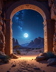 A stone arch frames a desert vista, bathed in the ethereal glow of a full moon under a starry night. Mountains loom in the distance