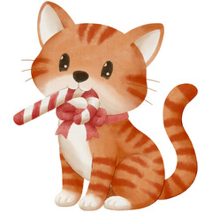 Cute Christmas illustration of an orange cat with a candy cane in its mouth and a red bow