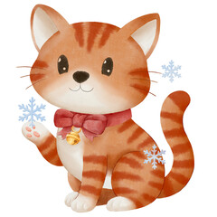Cute Christmas illustration of an orange cat with a red bow and bell holding a snowflake