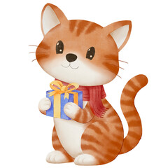 Cute cozy Christmas illustration of an orange cat holding a wrapped gift