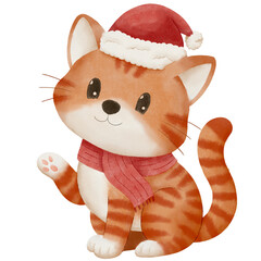 Cute cozy Christmas illustration of an orange cat wearing a Santa hat and red scarf