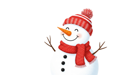 Cute Snowman Wearing Red Scarf and Hat Smiling in Christmas Snow – PNG Art