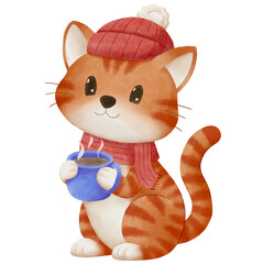 Cute cozy winter illustration of an orange cat wearing a red hat and scarf holding a warm cup