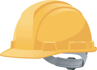 A yellow hard hat, a protective headgear, is displayed against a white background.