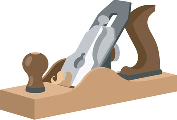 Illustration of a hand plane tool, featuring a wooden body, metal blade, and brown handle.