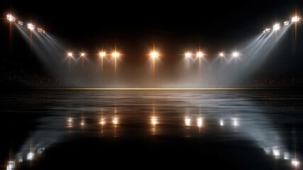 Soccer stadium lights illuminate a dark field reflecting glowing beams on a smooth surface during an evening match - Powered by Adobe