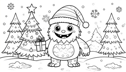 Cute monster holding gift in winter.