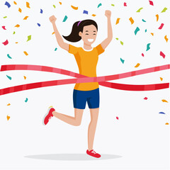 A happy woman runner crossing the finish line with arms raised in victory and confetti falling around her.