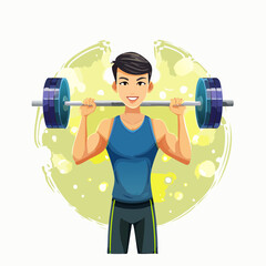 Cartoon illustration of a smiling young man in a blue tank top lifting a heavy barbell during a workout.