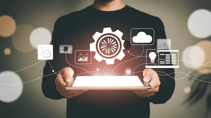 Man presenting innovative technology solutions on tablet for business progress