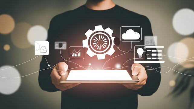 Man presenting innovative technology solutions on tablet for business progress