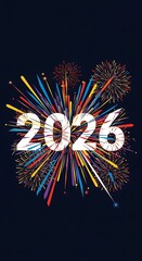 Vibrant Fireworks Display with Bold 2026 Markings for New Year's Celebration against Dark Blue Background