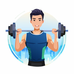 A smiling cartoon man in a blue tank top holding a barbell on his shoulders, ready to exercise.