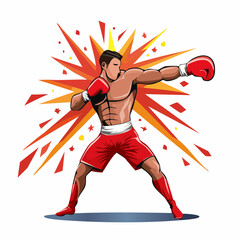 Male boxer in red shorts and gloves throwing a powerful punch with an explosive background.