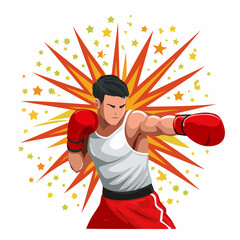 A dynamic illustration of a male boxer in a white tank top and red shorts, wearing red gloves, throwing a punch with an energetic starburst background.