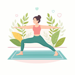 A woman in a yoga pose on a mat surrounded by green leaves and hearts, promoting wellness and balance.