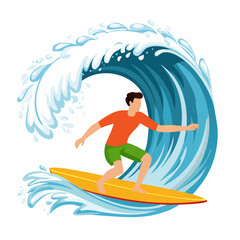 A cartoon illustration of a man surfing on a large blue ocean wave, riding a yellow surfboard with water splashing around him.