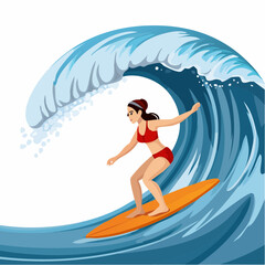 A vibrant illustration depicts a young woman in a red bikini skillfully riding a large, powerful blue ocean wave on her surfboard.