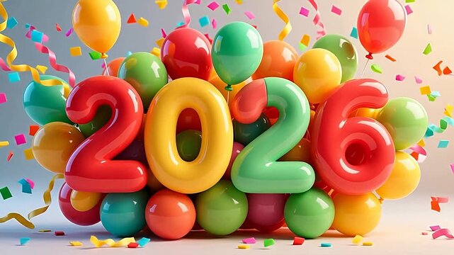 2026 Balloon Numbers with Colorful Party Balloons and Confetti