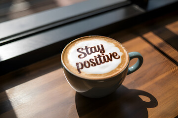 Stay Positive Latte Art Message on Fresh Cappuccino Cup