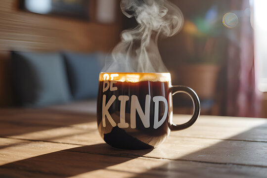 Steaming Hot Coffee Mug with Be Kind Message in Warm Morning Light